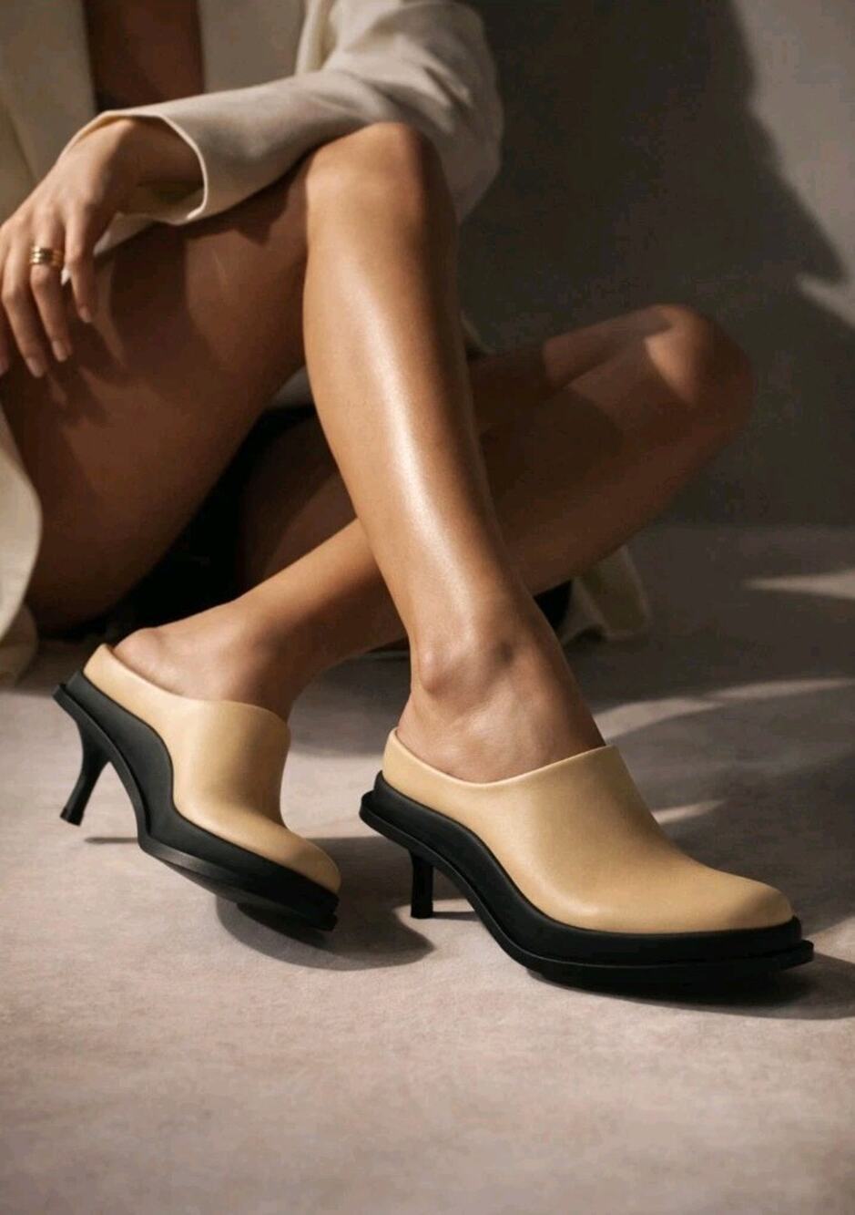 Charles & Keith COLLECTION Leather Mule Heels Beige Sculptural Kitten Heel...